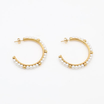 French Luxury Pearl Hoop Earrings - 18K Gold Plated Titanium Steel C-Shape Earrings