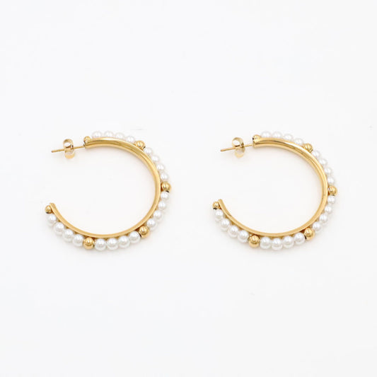 French Luxury Pearl Hoop Earrings - 18K Gold Plated Titanium Steel C-Shape Earrings