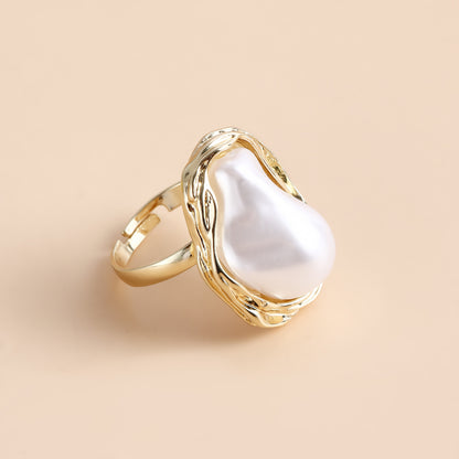 Vintage French Style Irregular Pearl Ring for Women - Exaggerated Open Adjustable Statement Ring, Unique Minimalist Design