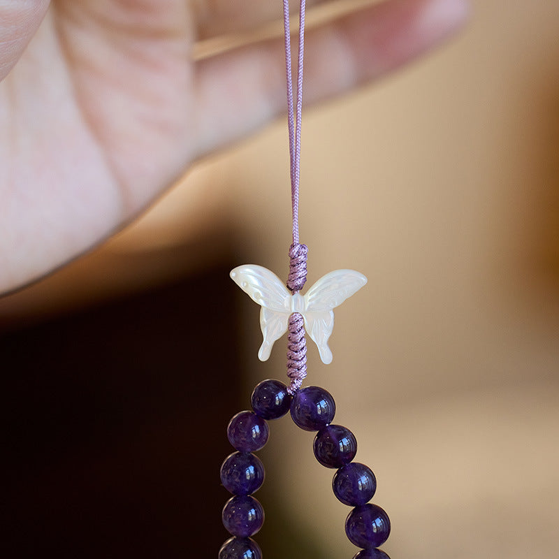 Natural Amethyst Phone Lanyard with Butterfly Charm – Short Keychain