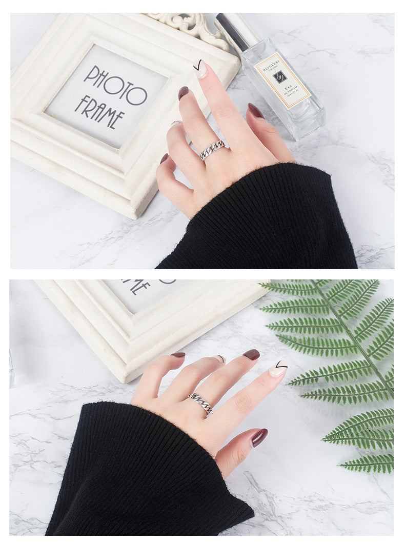 S925 Sterling Silver Korean Style Crossover Ring - Minimalist Lock Chain Square Band | Adjustable Open Stackable Ring for Women