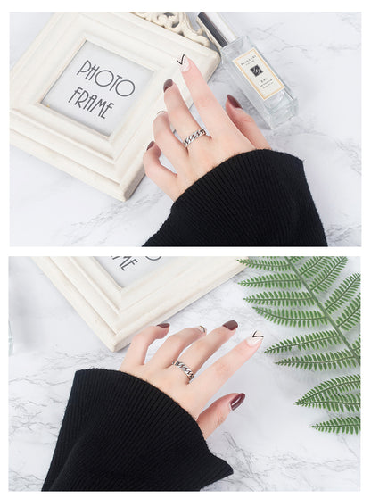 S925 Sterling Silver Korean Style Crossover Ring - Minimalist Lock Chain Square Band | Adjustable Open Stackable Ring for Women