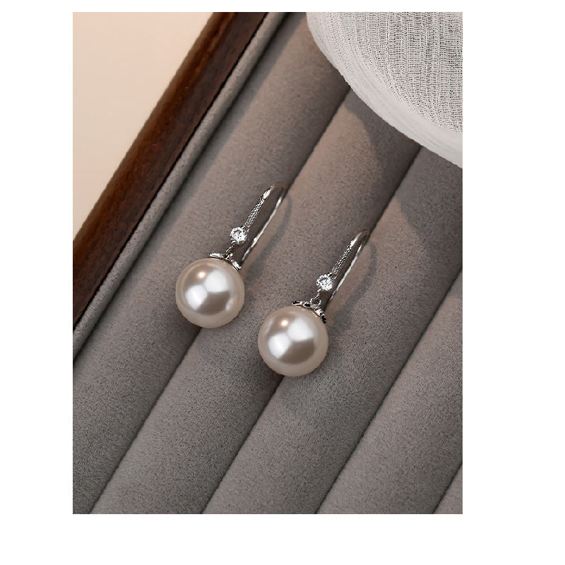 S999 Sterling Silver Imitation Pearl Inlaid with Shiny Zircon Ear Hook Earrings