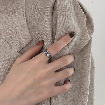 S925 Sterling Silver Ring Copper Coin Pattern Ring Vintage Oxidized Ethnic Style Multi-layer Wrapped