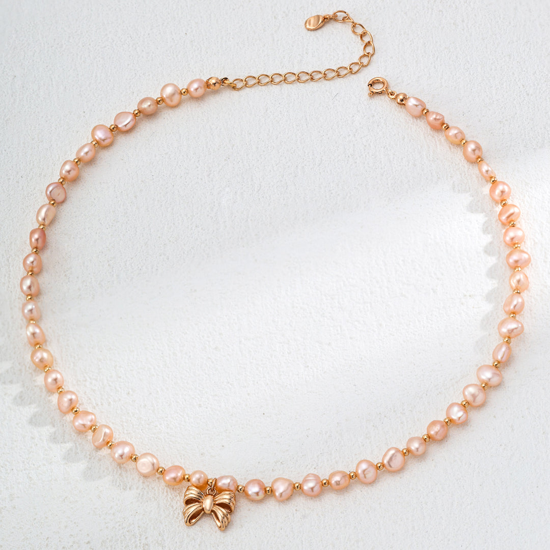 Natural Pearl Necklace with Sterling Silver Bow Pendant - Dainty & Elegant Jewelry Gift