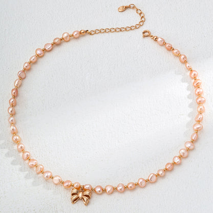 Natural Pearl Necklace with Sterling Silver Bow Pendant - Dainty & Elegant Jewelry Gift