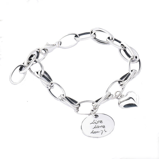 S925 Sterling Silver Bracelet Round Heart  Design Heavy Chain Vintage Jewelry