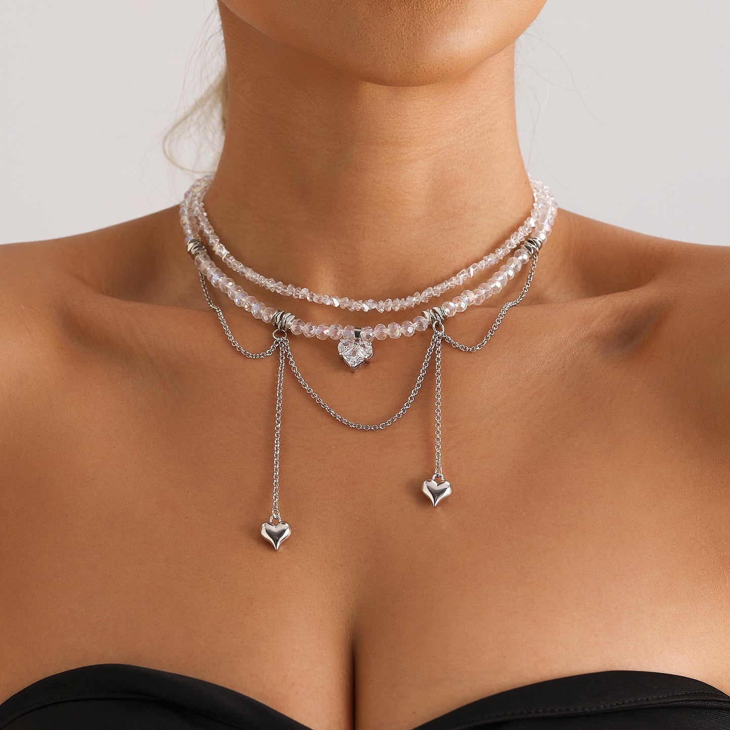 Double Chain Love Pendant Necklace - Cubic Zirconia Fringe Collarbone Choker | Ins Luxe Crystal Jewelry for Women