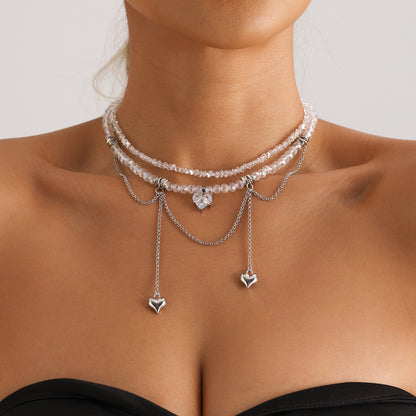 Double Chain Love Pendant Necklace - Cubic Zirconia Fringe Collarbone Choker | Ins Luxe Crystal Jewelry for Women