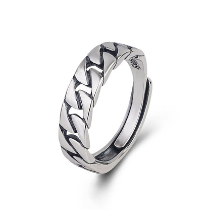 S925 Sterling Silver Korean Style Crossover Ring - Minimalist Lock Chain Square Band | Adjustable Open Stackable Ring for Women