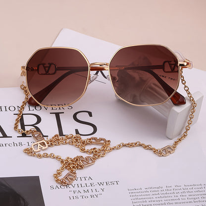 Trendy Internet Celebrity Style Anti-Drop Chain Strap Irregular Polygonal Full Frame Sunglasses