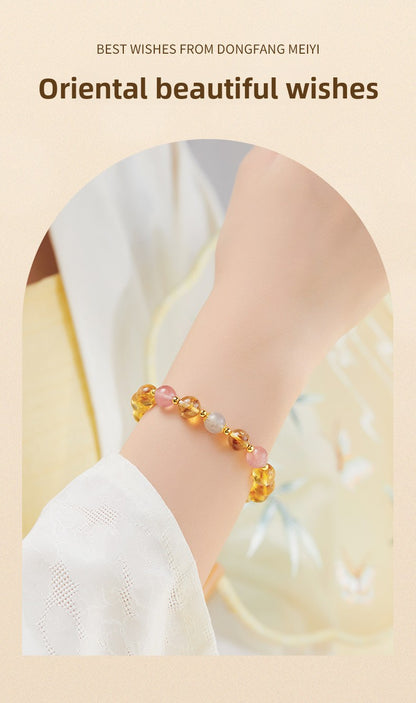 925 Sterling Silver Citrine & Strawberry Quartz Beaded Bracelet for Women | Boho Chic Gemstone Jewelry | Unique Gift for Her