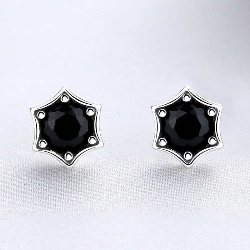S925 Silver Stud Earrings Vintage Personality Black Diamond Hexagram Stud Earrings