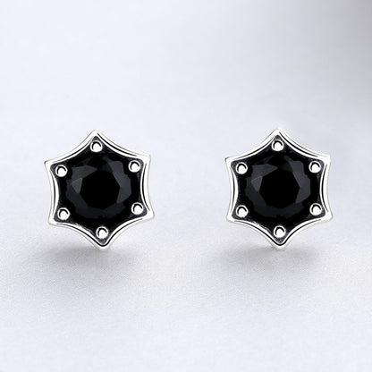 S925 Silver Stud Earrings Vintage Personality Black Diamond Hexagram Stud Earrings