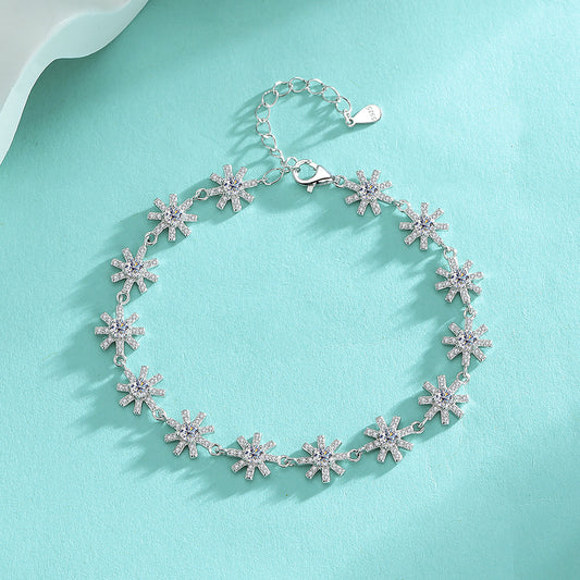 S925 Sterling Silver Bracelet with Sparkling Moissanite Cross and Snowflake Design