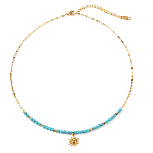 Sun Pendant Necklace for Women Turquoise Gemstone Titanium Steel Chain