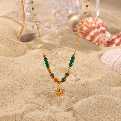 Boho Sun Pendant Stainless Steel Necklace with Natural Stone Vintage French Inspired Jewelry