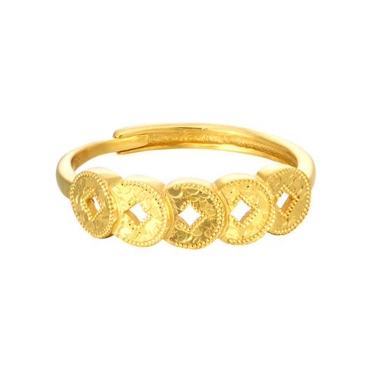 S925 Sterling Silver Ring Money Comes in Abundance Copper Coin Ring New Chinese Style National Trend Crushed Ice Five Emperor Coins Fashion CNC Ring