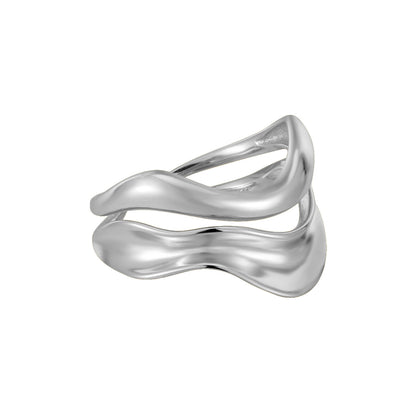 Irregular Wave Silver Ring for Women S925 Sterling Silver Versatile Double Layer Hollow Fashion Adjustable Ring