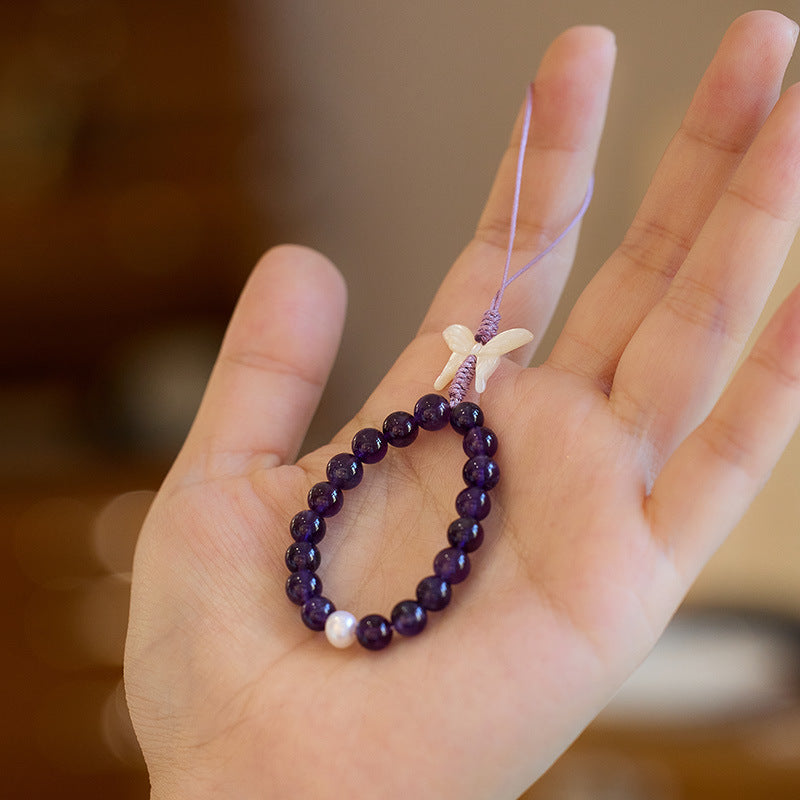 Natural Amethyst Phone Lanyard with Butterfly Charm – Short Keychain