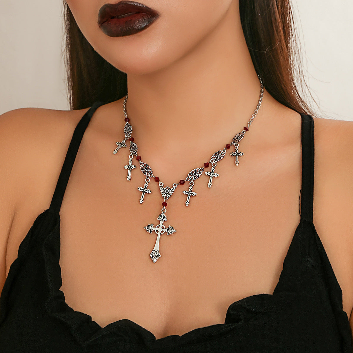 Hip-Hop Cross Pendant Sweater Chain Necklace Gothic Style Clavicle Chain