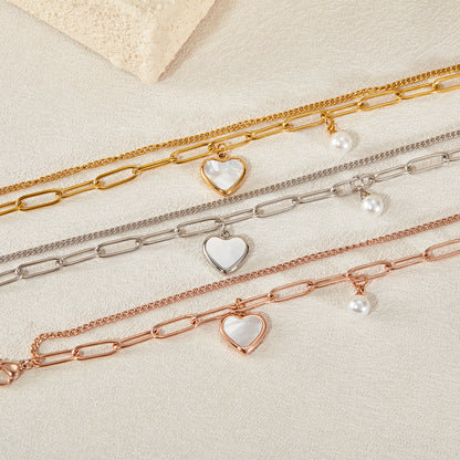 Luxury Double Layer Titanium Steel Pearl Bracelet for Women - Fashion Adjustable Heart Pendant Dainty Hand Jewelry