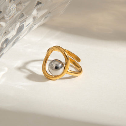 Modern Two-Tone Beaded Ring - Adjustable Open Band Titanium Steel Ring