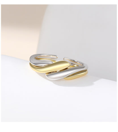 Double Ring S925 Silver Ring Plain Band Water Ripple Adjustable Ring Ins Style Simple Stacking Jewelry