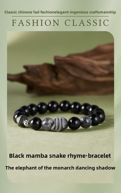 S925 Sterling Silver Black Obsidian & Tourmalinated Quartz Snake Year Bracelet | Yin Yang Protection Jewelry | Zen Buddhist Style Gift for Him
