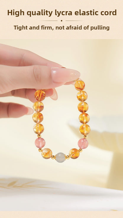 925 Sterling Silver Citrine & Strawberry Quartz Beaded Bracelet for Women | Boho Chic Gemstone Jewelry | Unique Gift for Her