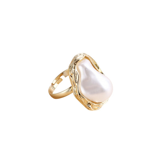 Vintage French Style Irregular Pearl Ring for Women - Exaggerated Open Adjustable Statement Ring, Unique Minimalist Design