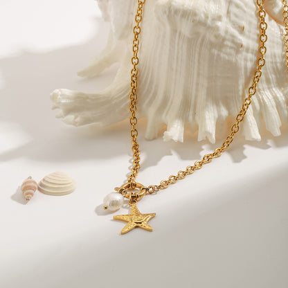 Vacation Style Necklace with Pearl Ocean Wave Pendant Hammered Starfish