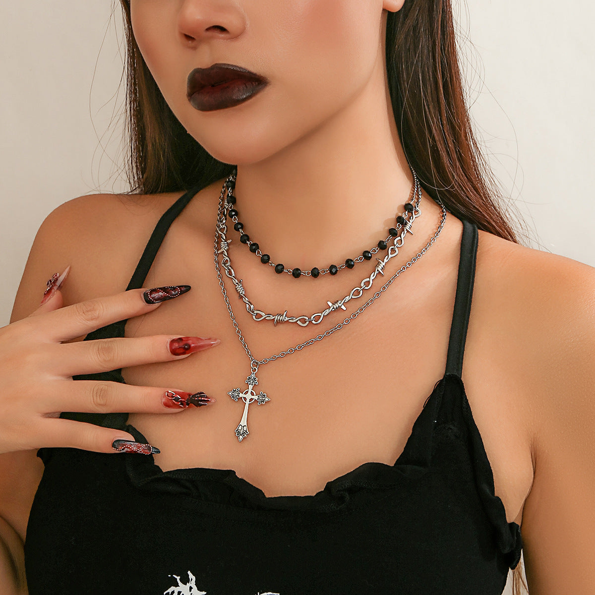 Hip-Hop Cross Pendant Sweater Chain Necklace Gothic Style Clavicle Chain