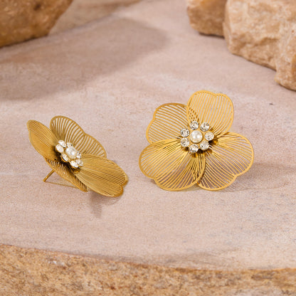 French Vintage Pearl Earrings - Minimalist Flower Studs with Zircon | Titanium Steel Ins Jewelry