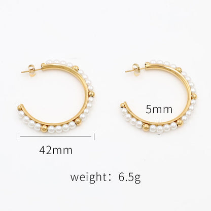 French Luxury Pearl Hoop Earrings - 18K Gold Plated Titanium Steel C-Shape Earrings