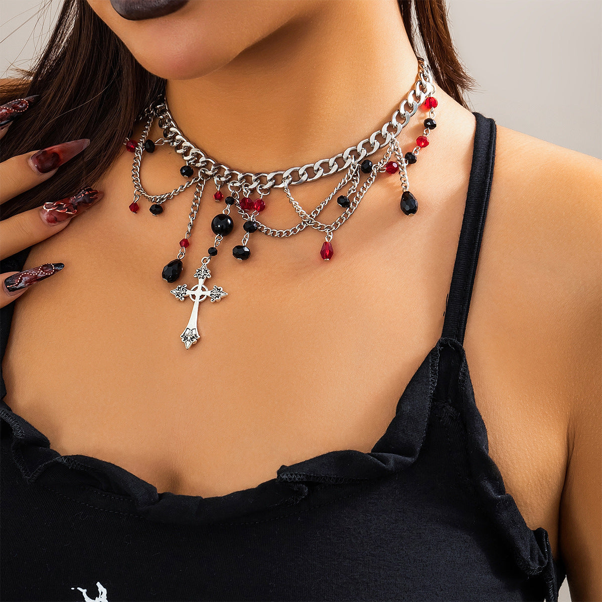 Hip-Hop Cross Pendant Sweater Chain Necklace Gothic Style Clavicle Chain