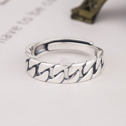 S925 Sterling Silver Korean Style Crossover Ring - Minimalist Lock Chain Square Band | Adjustable Open Stackable Ring for Women