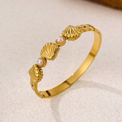 Boho Pearl Shell Bracelet for Women - Vintage Stainless Steel Cuff, Minimalist Instagram Jewelry, Unique Dainty Hand Chain