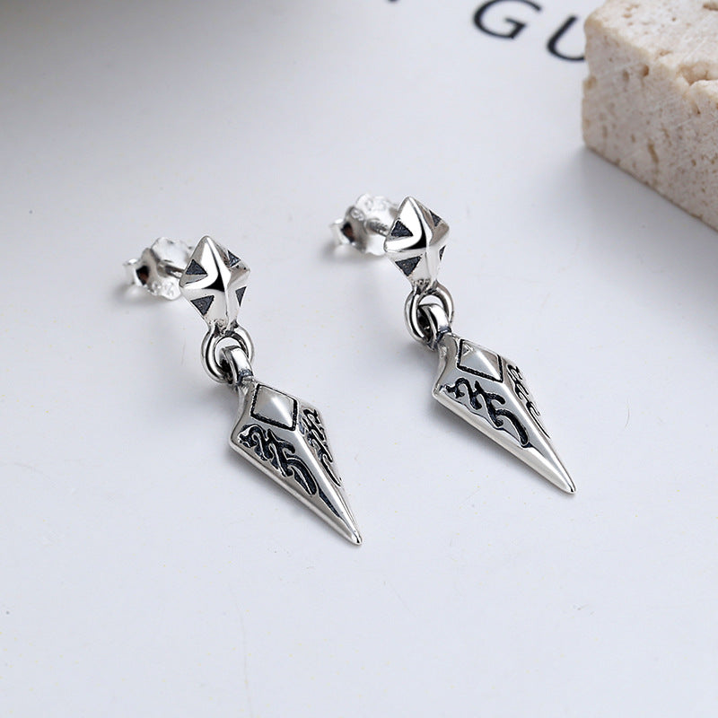 S925 Sterling Silver Earrings Diamond-Shaped Exquisite Pattern Rock Style Unisex Ear Studs
