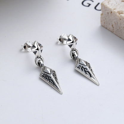 S925 Sterling Silver Earrings Diamond-Shaped Exquisite Pattern Rock Style Unisex Ear Studs