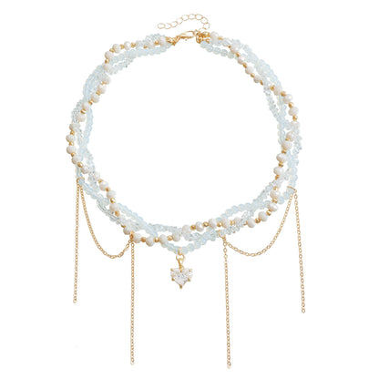 Glass Crystal Heart Pendant Necklace - Multi-Layer Fringe Choker for Women | Luxe Boho Layered Chain