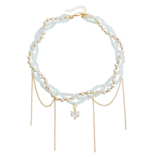 Glass Crystal Heart Pendant Necklace - Multi-Layer Fringe Choker for Women | Luxe Boho Layered Chain