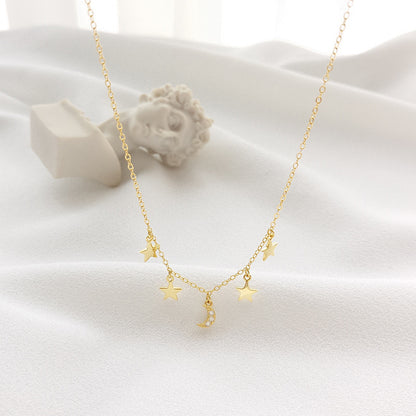 S925 Sterling Silver Pendant Necklace Layered Star Moon Glossy Clavicle Necklace