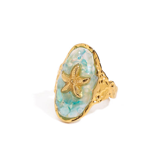 Adjustable Stainless Steel Jewelry Blue Resin Starfish Boho Ring for Summer Beach Vacation