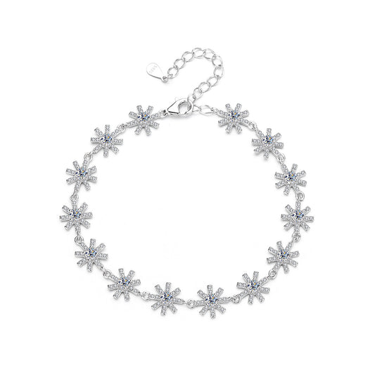 S925 Sterling Silver Bracelet with Sparkling Moissanite Cross and Snowflake Design
