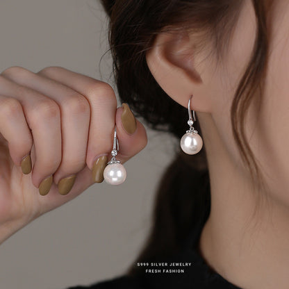 S999 Sterling Silver Imitation Pearl Inlaid with Shiny Zircon Ear Hook Earrings