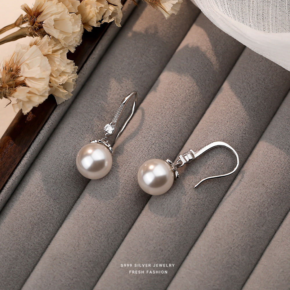 S999 Sterling Silver Imitation Pearl Inlaid with Shiny Zircon Ear Hook Earrings