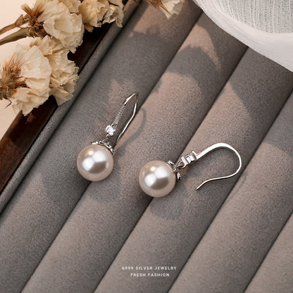 S999 Sterling Silver Imitation Pearl Inlaid with Shiny Zircon Ear Hook Earrings