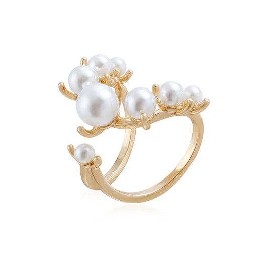 French Style Adjustable Pearl Joint Ring - Dainty Minimalist Openable Ring for Women | Luxury Gold Pearl Jewelry