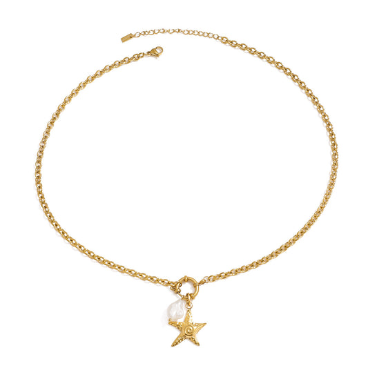 Vacation Style Necklace with Pearl Ocean Wave Pendant Hammered Starfish